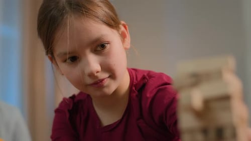 Caucasian Family Little Girls Preschool Kids Sisters Siblings Daughters Playing Game Build Tower