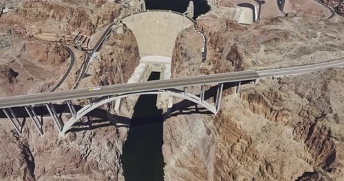 Hoover Dam Nevada Aerial v11 vertical birds eye view flyover rugged terrain capturing freeway