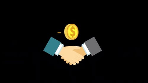 Business Hand Shaking And 3D Flat Coin Rotating On Alpha Channel