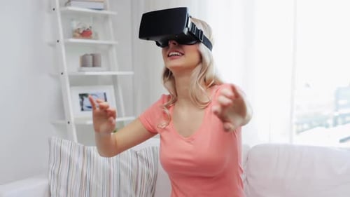 Woman Experiencing Virtual Reality on Couch