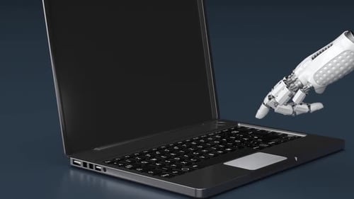 Robotic Hand Typing on Laptop with Circuit Board Animation