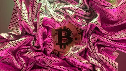 The Bitcoin is Surrounded By a Bright Golden Pink Fabric