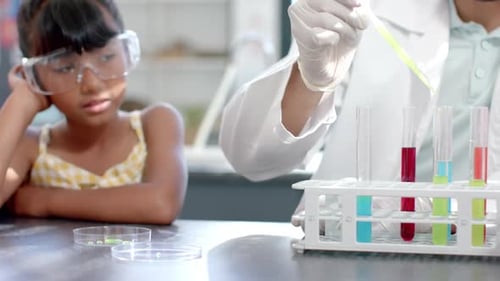 In a school laboratory, a young biracial student looks at a science experiment