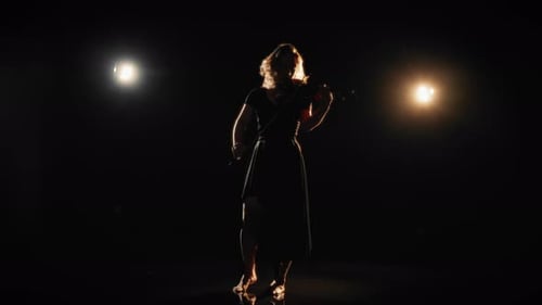 Female Student of Musical School Playing Violin on Stage Classic Music Concert Fulllength Portrait