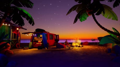 Animated Tropical Beach Sunset with Campfire and Van
