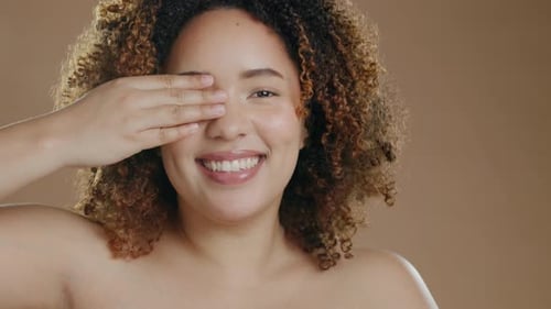 Beauty, skincare and eye cover with woman in studio for cosmetics, facial and happiness