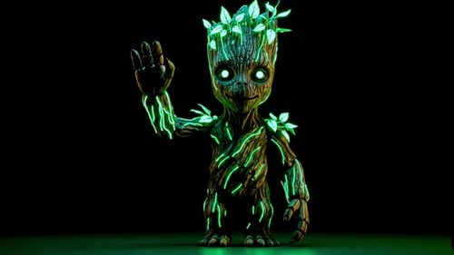 Glowing Groot acena olá em fundo escuro com luzes verdes