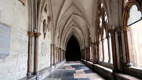 Westminster Abbey corridor next to the cloister. Gothic architecture in London