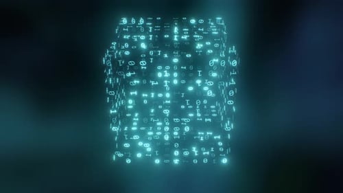 Blockchain-Kryptografiewürfel mit blinkenden Binärzahlen für digitale Daten — 4K