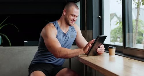 Fitness, man and tablet with typing, smile and connection with workout post and blog for exercise
