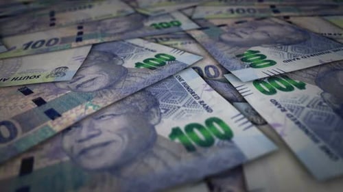 South Africa Rand banknote flying over money surface