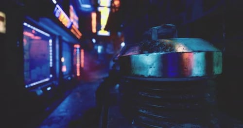 Urban Alley at Night Illuminated By Neon Lights