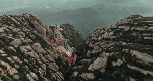 Aerial View of Montserrat Monastery Among Rocky Mountains