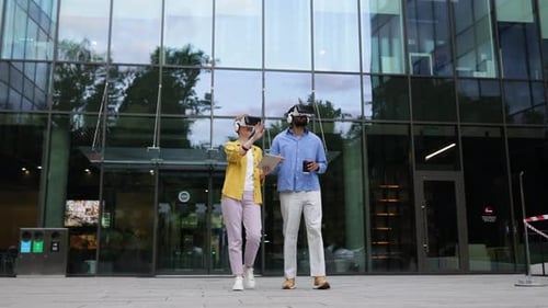 People Using VR Headsets Outdoors