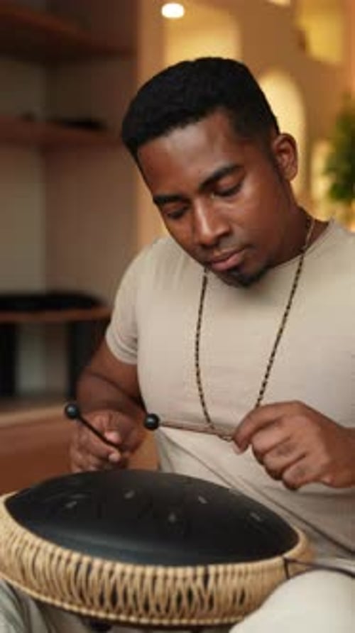 Vertical Portrait of Black Drummer Male in Trance Enjoying Playing Using Drumsticks on Glucophone
