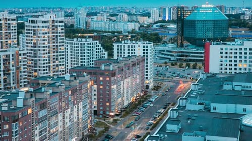 Minsk Belarus National Library Building In Evening Night Famous City Hitech Modern Landmark