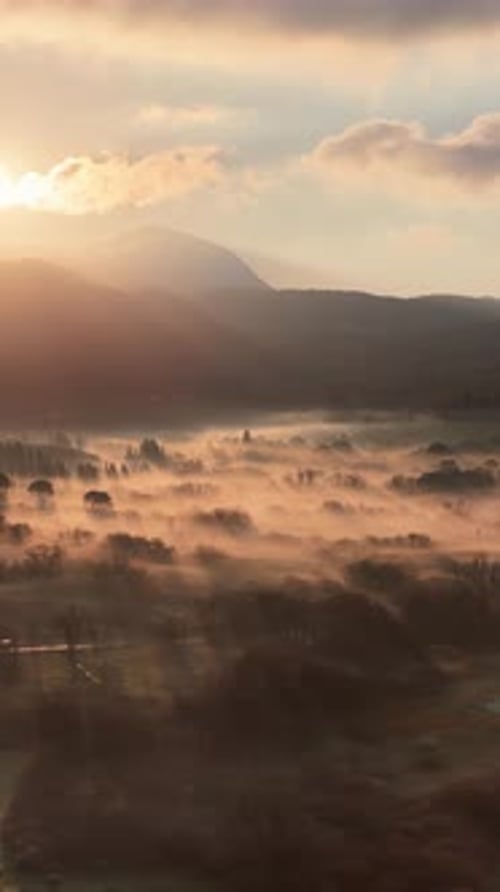 Vertical aerial shot of a stunning sunrise over a misty valley in Corfu, Greece. Bright golden sun