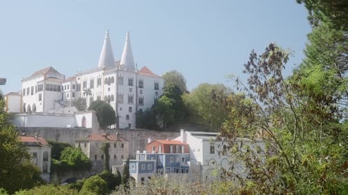 Tropical weather with tall white houses and gardens built next to each other