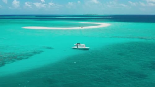 Aerial View on Tourist Boat Next to the Sandbar in the Vaavu Atoll Maldives