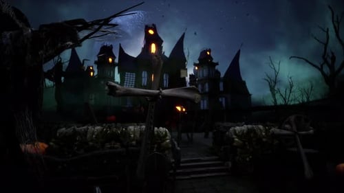 Cinematográfico de Casa Assombrada de Halloween com morcegos e abóboras sob lua assustadora