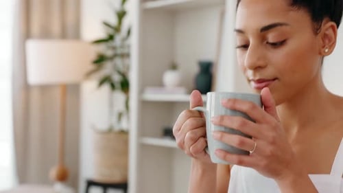 Black woman, coffee aroma and thinking of health tea for wellness, relax