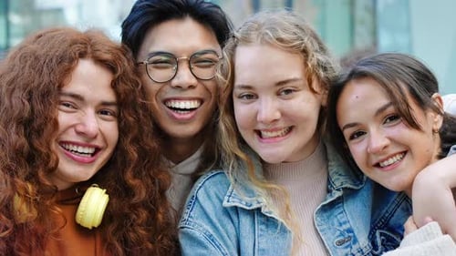 Group of Young Generation z Friends Smiling Outdoors in the Modern City Love and Friendship