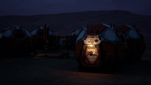Mars Colony Base Illuminated During Evening Hours with Habitat Modules Visible