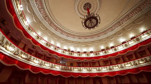 Empty theater because of pandemic. Beautiful interior of big concert hall with no people.