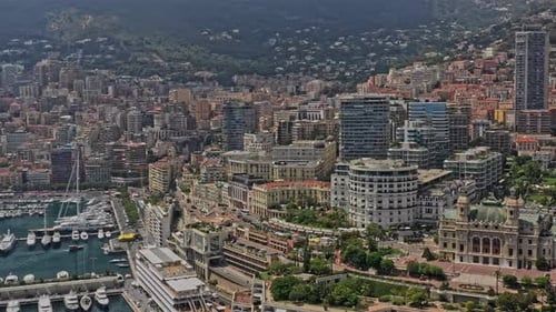 Monaco Aerial v16 pan shot capturing the old casino and modern architecture of the kingdom of monte