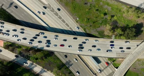 Traffic on a highway junction. Aerial view of road interchange