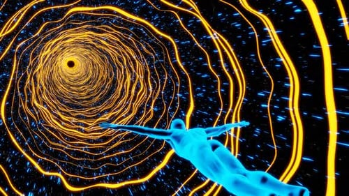 Man flying through a wormhole tunnel, near deaf experience or NDE other dimensions