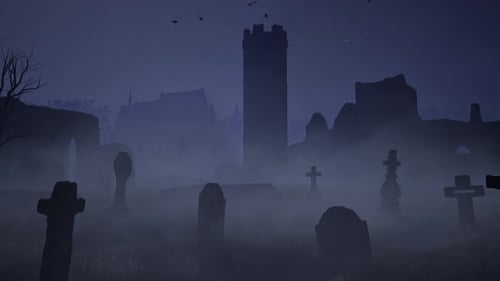 An old abandoned cemetery with empty graves next to ancient ruins. Halloween. 3D rendering.