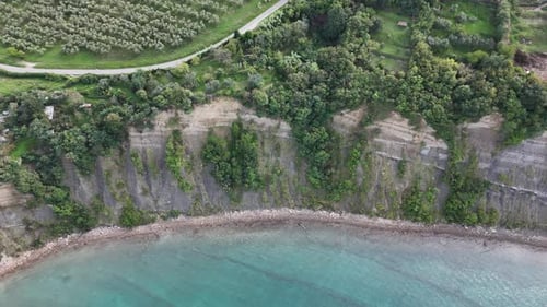 Sideways drone flight along sea cliff with olive groves above turquoise water