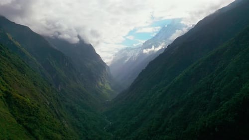 Stunning aerial drone view of a vast mountain valley in the Annapurna Range, Himalayas, Nepal