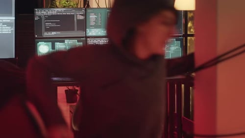 Hacker Carrying Briefcase in Dark Computer Room