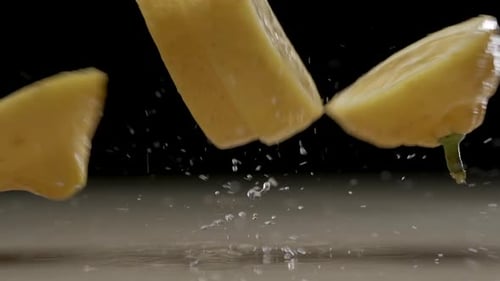 Fresh sliced lemon falling and splashing on water at slow motion