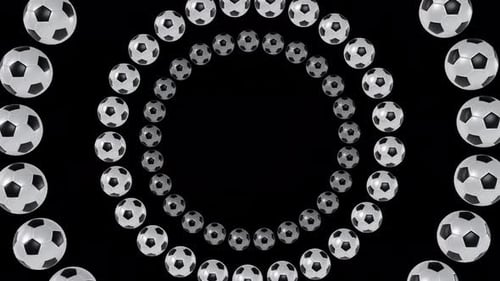 Rotierende Kreise von Fußballbällen, Tunnel, nahtloser Animationshintergrund