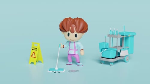 3D Cartoon Character Mops Floor with Cleaning Cart Animation