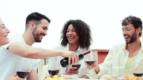 Friends Sharing Wine and Laughing Together
