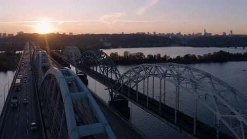 Aerial Perspective View of Urban Bridge Over the River