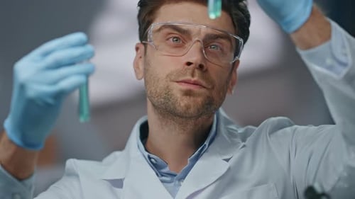 Smart Researcher Exploring Medicines in Laboratory Close Up Serious Scientist