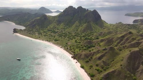 Aerial view of Padar Island seascape with cliff coastline, Indonesia.