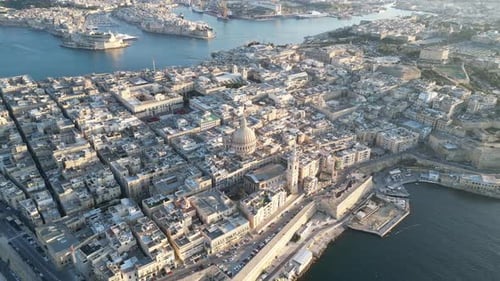 Aerial Skyline of Valletta City, St Pauls Cathedral and Manoel Island in Malta