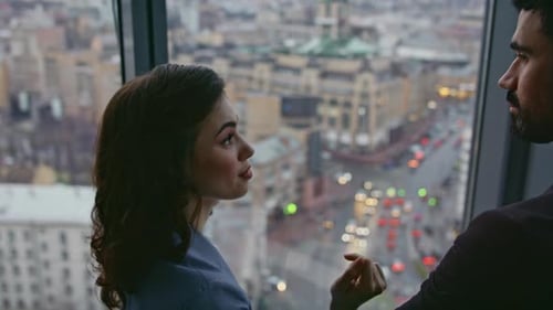 Couple Coworkers Discussing City Architecture Looking Office Window Close Up