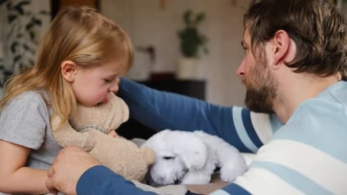 Happy Father Playing with Daughter Three Years Baby Smiling Laughing Looking at Daddy Man Showing