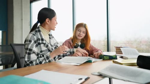 Two College Students Sitting at Desk and Studying in High School