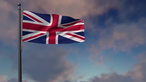 Waving United Kingdom Flag on Pole with Dynamic Cloud Background