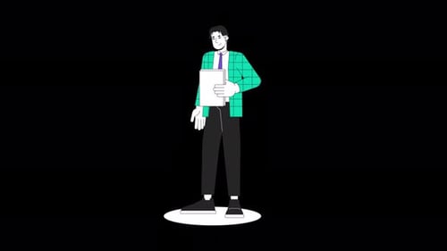 Trabalhador de escritório masculino asiático segurando a papelada, linha de papelada, animação de personagens 2D