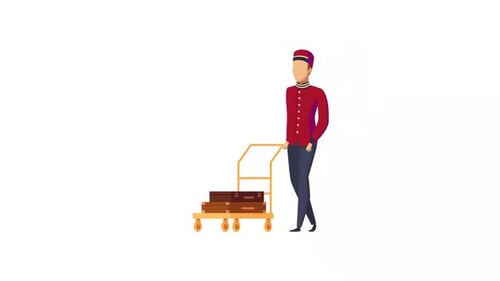 Animated Bellhop Pushing Luggage Cart in Flat Design Style