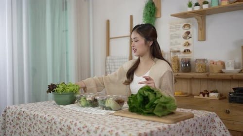 Young Woman Prepares Fresh Salad in Kitchen